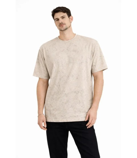 Erkek Asit Yıkama Bisiklet Yaka Kısa Kollu Oversize T-Shirt Tişört - Bej