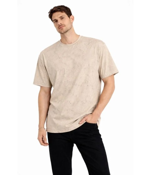 Erkek Asit Yıkama Bisiklet Yaka Kısa Kollu Oversize T-Shirt Tişört - Bej