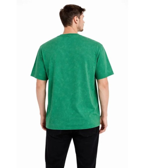 Erkek Asit Yıkama Bisiklet Yaka Kısa Kollu Oversize T-Shirt Tişört - Yeşil
