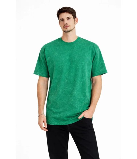 Erkek Asit Yıkama Bisiklet Yaka Kısa Kollu Oversize T-Shirt Tişört - Yeşil