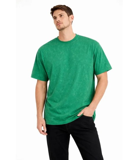 Erkek Asit Yıkama Bisiklet Yaka Kısa Kollu Oversize T-Shirt Tişört - Yeşil