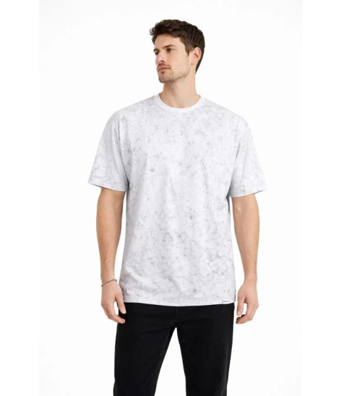 Erkek Asit Yıkama Bisiklet Yaka Kısa Kollu Oversize T-Shirt Tişört - Beyaz