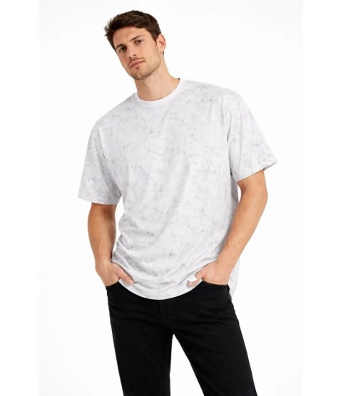 Erkek Asit Yıkama Bisiklet Yaka Kısa Kollu Oversize T-Shirt Tişört - Beyaz