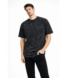 Erkek Asit Yıkama Bisiklet Yaka Kısa Kollu Oversize T-Shirt Tişört - Siyah