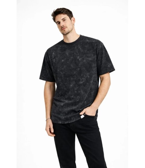 Erkek Asit Yıkama Bisiklet Yaka Kısa Kollu Oversize T-Shirt Tişört - Siyah