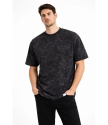 Erkek Asit Yıkama Bisiklet Yaka Kısa Kollu Oversize T-Shirt Tişört - Siyah