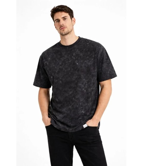 Erkek Asit Yıkama Bisiklet Yaka Kısa Kollu Oversize T-Shirt Tişört - Siyah
