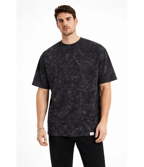 Erkek Asit Yıkama Bisiklet Yaka Kısa Kollu Oversize T-Shirt Tişört - Siyah
