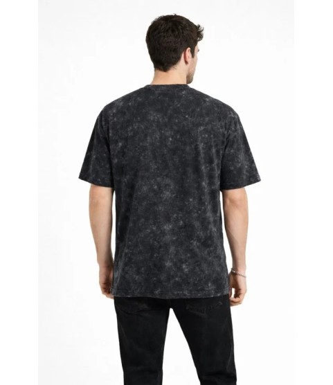 Erkek Asit Yıkama Bisiklet Yaka Kısa Kollu Oversize T-Shirt Tişört - Siyah