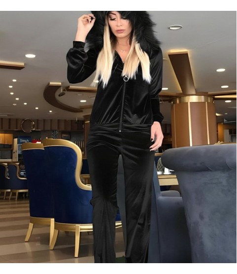 Kadın Uzun Kollu önden Fermuarlı Kapşon Tüy Detaylı Kadife Bluz Ve Pantolon Ikili Takım
