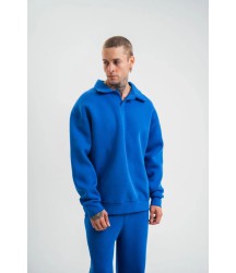 Erkek Patlı Yaka Üç İplik Pamuklu Sweatshirt Double Oversize Rahat Kalıp Günlük Kullanım - Mavi