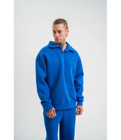 Erkek Patlı Yaka Üç İplik Pamuklu Sweatshirt Double Oversize Rahat Kalıp Günlük Kullanım - Mavi