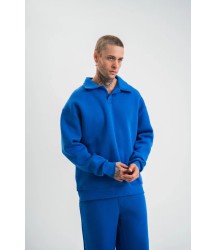 Erkek Patlı Yaka Üç İplik Pamuklu Sweatshirt Double Oversize Rahat Kalıp Günlük Kullanım - Mavi