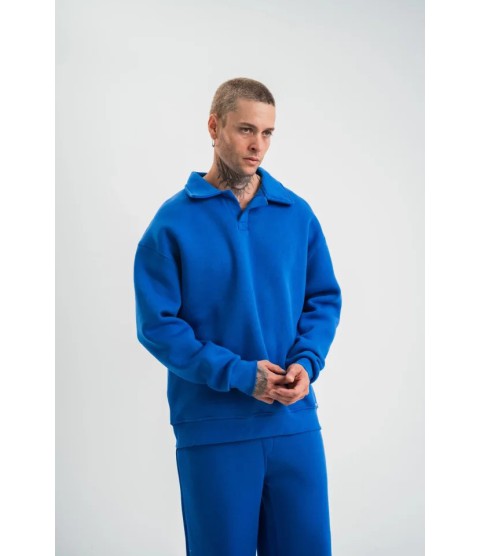 Erkek Patlı Yaka Üç İplik Pamuklu Sweatshirt Double Oversize Rahat Kalıp Günlük Kullanım - Mavi