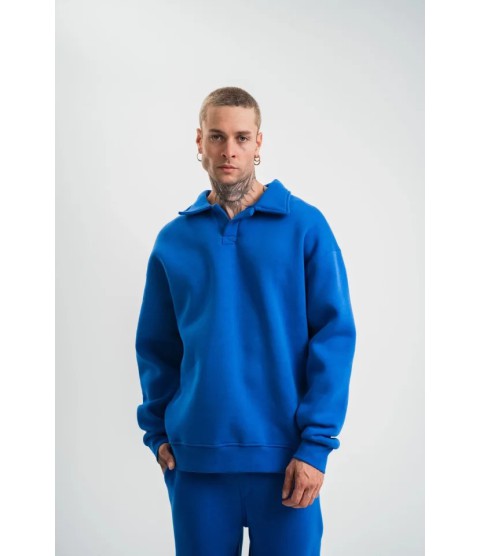 Erkek Patlı Yaka Üç İplik Pamuklu Sweatshirt Double Oversize Rahat Kalıp Günlük Kullanım - Mavi