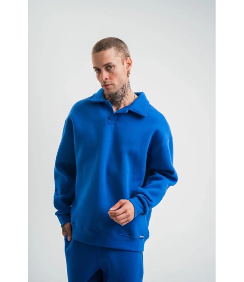Erkek Patlı Yaka Üç İplik Pamuklu Sweatshirt Double Oversize Rahat Kalıp Günlük Kullanım - Mavi
