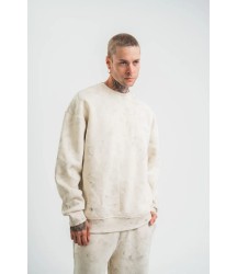 Erkek 3 İplik Pamuklu Yağ Yıkamalı Sweatshirt Double Oversize Bisiklet Yaka Uzun Kol - Krem