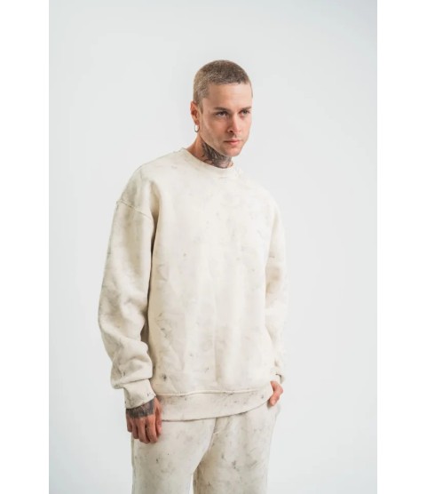 Erkek 3 İplik Pamuklu Yağ Yıkamalı Sweatshirt Double Oversize Bisiklet Yaka Uzun Kol - Krem