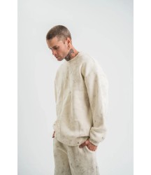 Erkek 3 İplik Pamuklu Yağ Yıkamalı Sweatshirt Double Oversize Bisiklet Yaka Uzun Kol - Krem