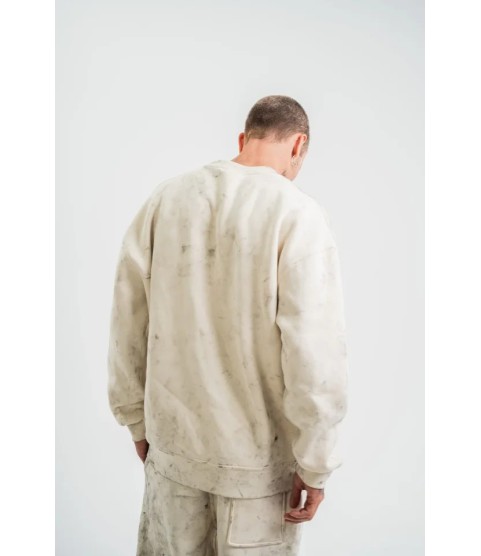 Erkek 3 İplik Pamuklu Yağ Yıkamalı Sweatshirt Double Oversize Bisiklet Yaka Uzun Kol - Krem