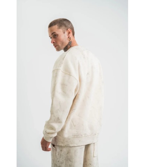 Erkek 3 İplik Pamuklu Yağ Yıkamalı Sweatshirt Double Oversize Bisiklet Yaka Uzun Kol - Krem