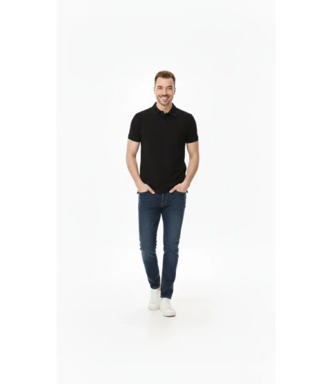 Erkek Pike Kumaş Düğmeli Yaka Regular Fit Günlük Kısa Kol Tişört T-shirt - Siyah