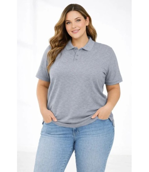 Pike Kumaş Düğmeli Yaka Battal Büyük Beden Günlük Kısa Kol Tişört T-shirt - Gri