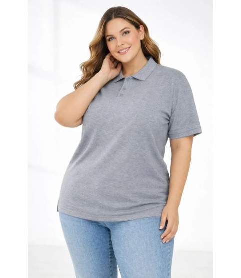 Pike Kumaş Düğmeli Yaka Battal Büyük Beden Günlük Kısa Kol Tişört T-shirt - Gri