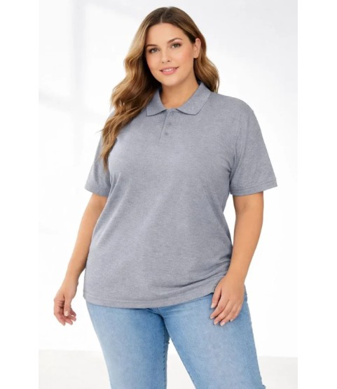 Pike Kumaş Düğmeli Yaka Battal Büyük Beden Günlük Kısa Kol Tişört T-shirt - Gri