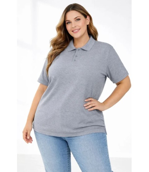 Pike Kumaş Düğmeli Yaka Battal Büyük Beden Günlük Kısa Kol Tişört T-shirt - Gri