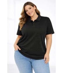 Pike Kumaş Düğmeli Yaka Battal Büyük Beden Günlük Kısa Kol Tişört T-shirt - Siyah