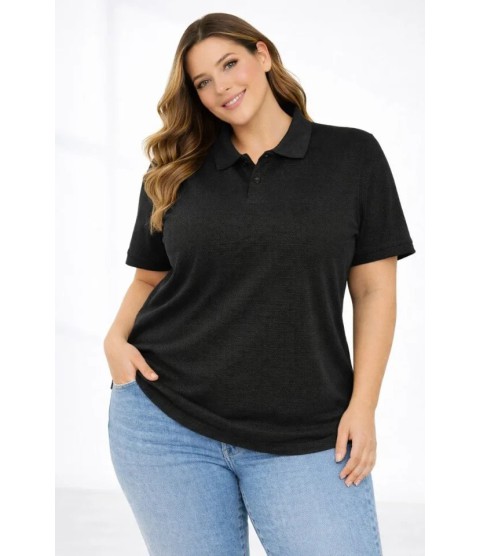 Pike Kumaş Düğmeli Yaka Battal Büyük Beden Günlük Kısa Kol Tişört T-shirt - Siyah