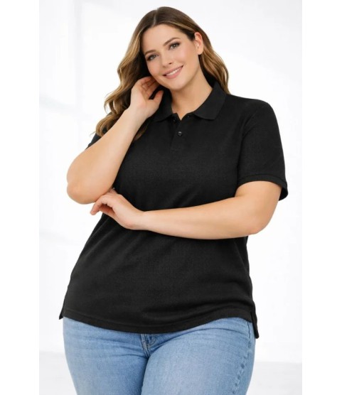 Pike Kumaş Düğmeli Yaka Battal Büyük Beden Günlük Kısa Kol Tişört T-shirt - Siyah
