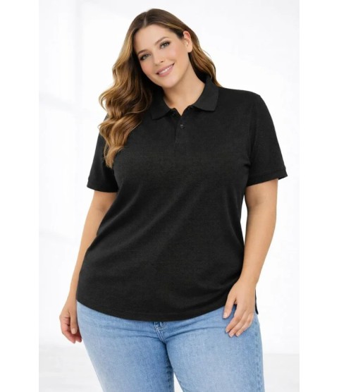 Pike Kumaş Düğmeli Yaka Battal Büyük Beden Günlük Kısa Kol Tişört T-shirt - Siyah