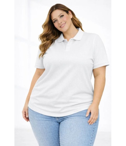 Pike Kumaş Düğmeli Yaka Battal Büyük Beden Günlük Kısa Kol Tişört T-shirt - Beyaz