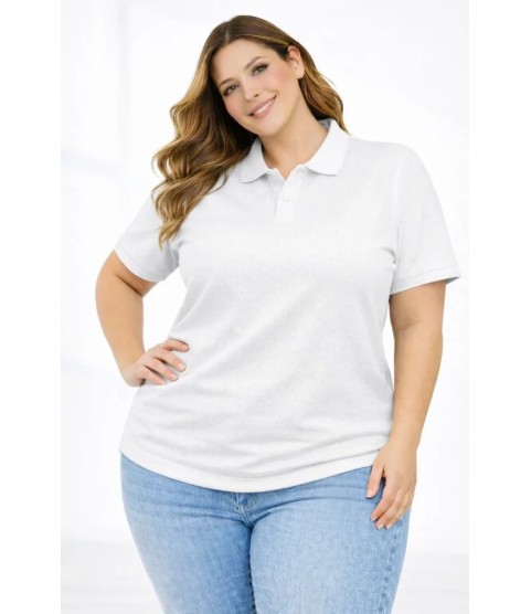 Pike Kumaş Düğmeli Yaka Battal Büyük Beden Günlük Kısa Kol Tişört T-shirt - Beyaz