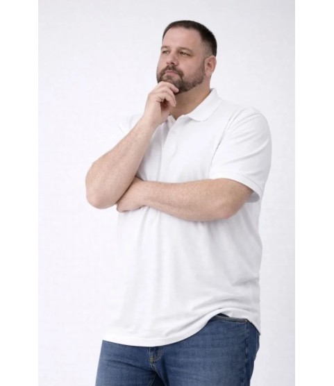 Erkek Pike Kumaş Düğmeli Yaka Battal Büyük Beden Günlük Kısa Kol Tişört T-shirt - Beyaz