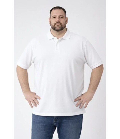 Erkek Pike Kumaş Düğmeli Yaka Battal Büyük Beden Günlük Kısa Kol Tişört T-shirt - Beyaz