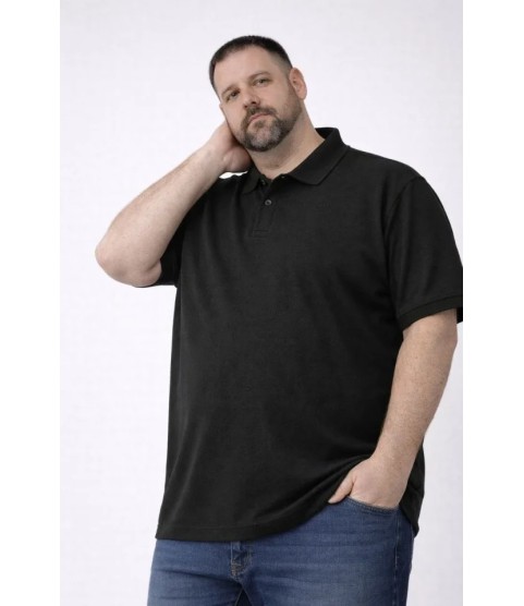Erkek Pike Kumaş Düğmeli Yaka Battal Büyük Beden Günlük Kısa Kol Tişört T-shirt - Siyah
