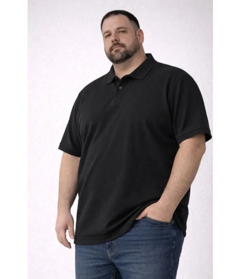 Erkek Pike Kumaş Düğmeli Yaka Battal Büyük Beden Günlük Kısa Kol Tişört T-shirt - Siyah