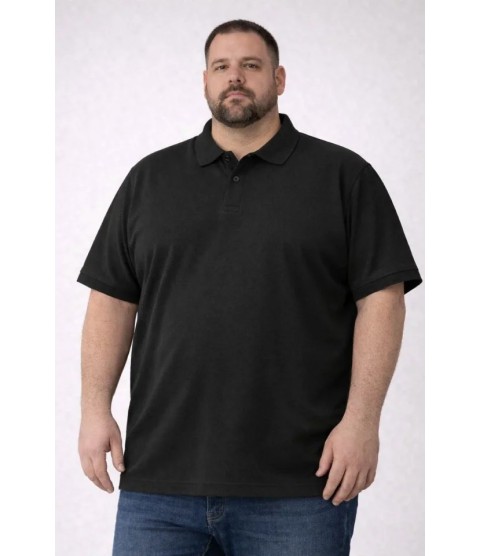 Erkek Pike Kumaş Düğmeli Yaka Battal Büyük Beden Günlük Kısa Kol Tişört T-shirt - Siyah