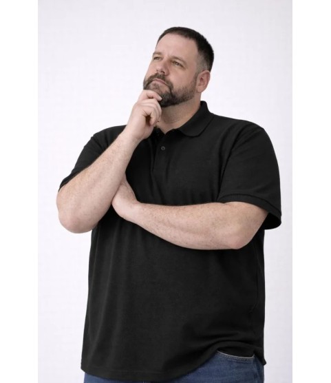 Erkek Pike Kumaş Düğmeli Yaka Battal Büyük Beden Günlük Kısa Kol Tişört T-shirt - Siyah