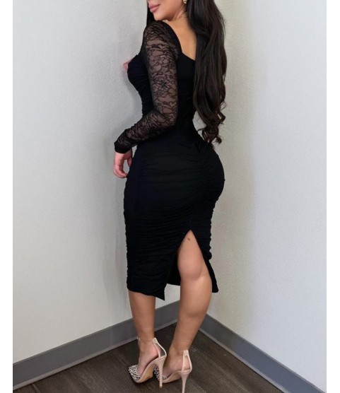 Kadın Uzun Kollu Dantelli Büzgü Detaylı Yırtmaçlı Midi Sandy Elbise Kadın Uzun Kollu Dantelli Büzgü Detaylı Yırtmaçlı Midi Sandy Elbise