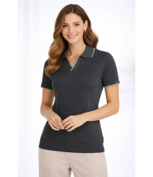 Triko Kumaş Yakalı Düğmesiz Açık Yaka Fitilli Kısa Kollu Regular Fit Tişört T-shirt - Siyah