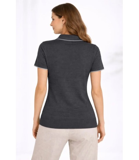 Triko Kumaş Yakalı Düğmesiz Açık Yaka Fitilli Kısa Kollu Regular Fit Tişört T-shirt - Siyah