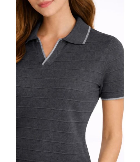 Triko Kumaş Yakalı Düğmesiz Açık Yaka Fitilli Kısa Kollu Regular Fit Tişört T-shirt - Siyah