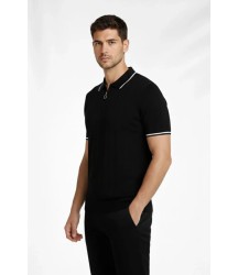 Erkek Fermuarlı Yaka Fitilli Triko Kısa Kollu Regular Fit Tişört T-shirt - Siyah