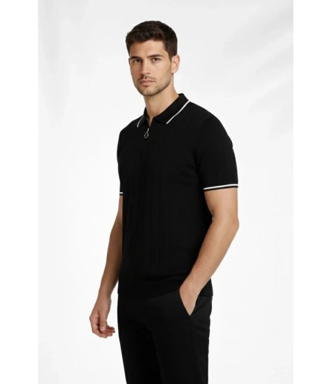 Erkek Fermuarlı Yaka Fitilli Triko Kısa Kollu Regular Fit Tişört T-shirt - Siyah