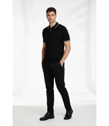 Erkek Fermuarlı Yaka Fitilli Triko Kısa Kollu Regular Fit Tişört T-shirt - Siyah