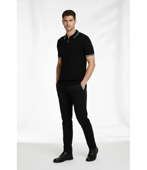 Erkek Fermuarlı Yaka Fitilli Triko Kısa Kollu Regular Fit Tişört T-shirt - Siyah